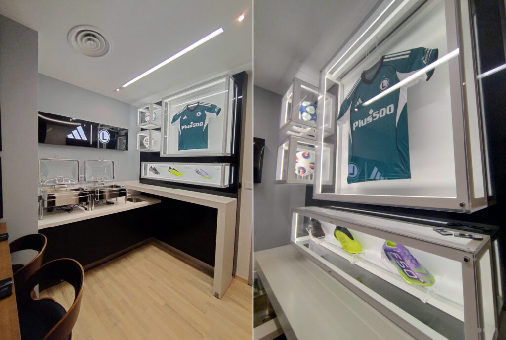 ekspozytory reklamowe Warszawa – podświetlane gabloty LED w loży VIP stadionu Legii